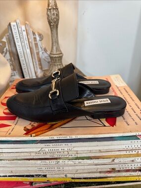 Steve Madden Black Slip-On Mule Loafers with Gold Buckle